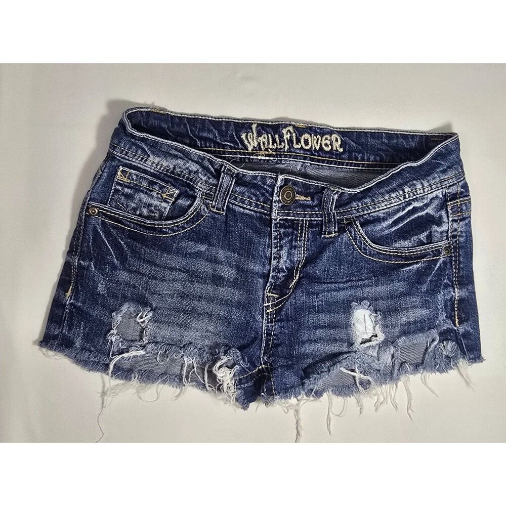 Wallflower Y2K Vintage Distressed Denim Dark Wash Mini Micro Shorts Size 7 BI